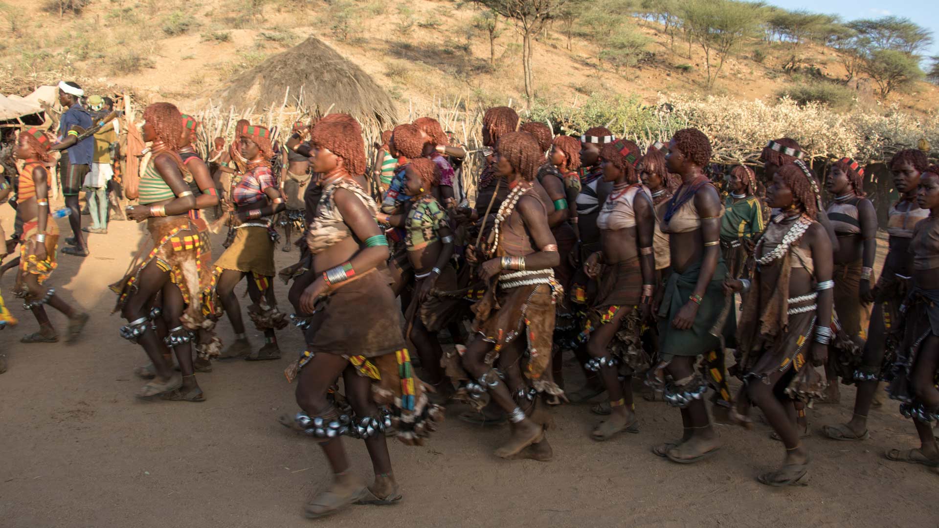 Hamer performing a dance ahead of a bull jumping ceremony, which initiates a boy into manhood, in the village of Asile, Omo Valley, Ethiopia